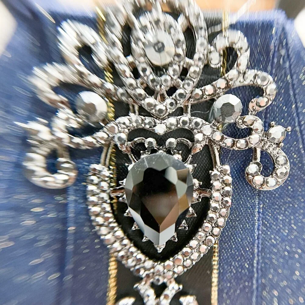 Blue crystal bowtie, Kid's Necktie, Black Crystal Brooch, Kids Size, 2 in 1